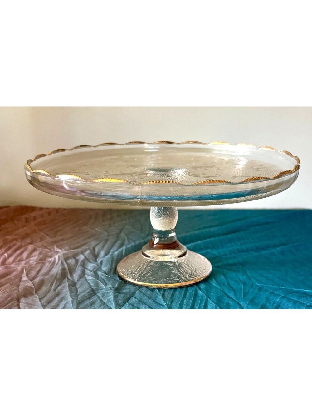 Vintage Glass Pedestal Cake Stand Gold Trim Lyre Harp Scalloped 11"
